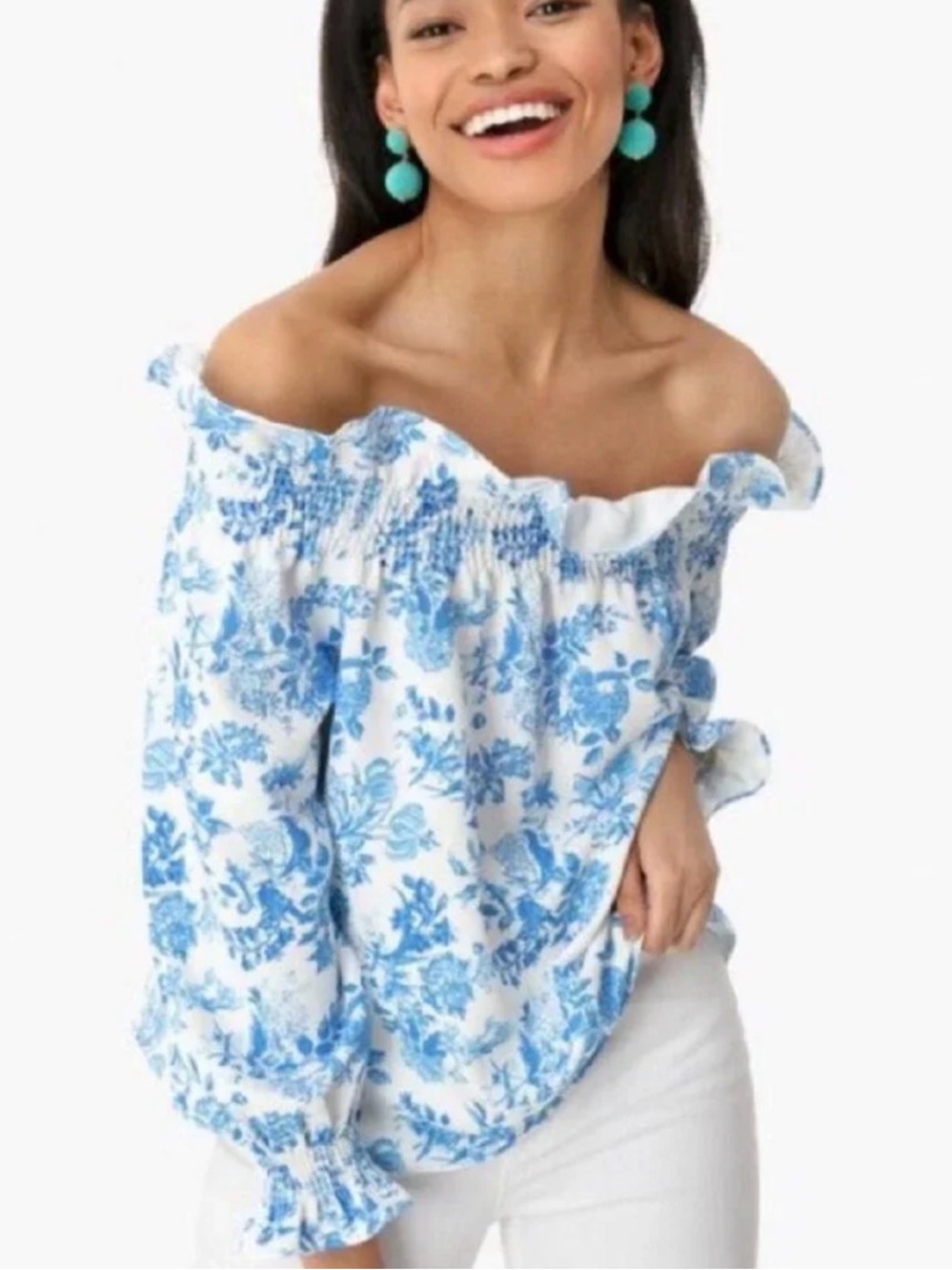 Tuckernuck Marguerite Blue and White Off-Shoulder Floral Blouse